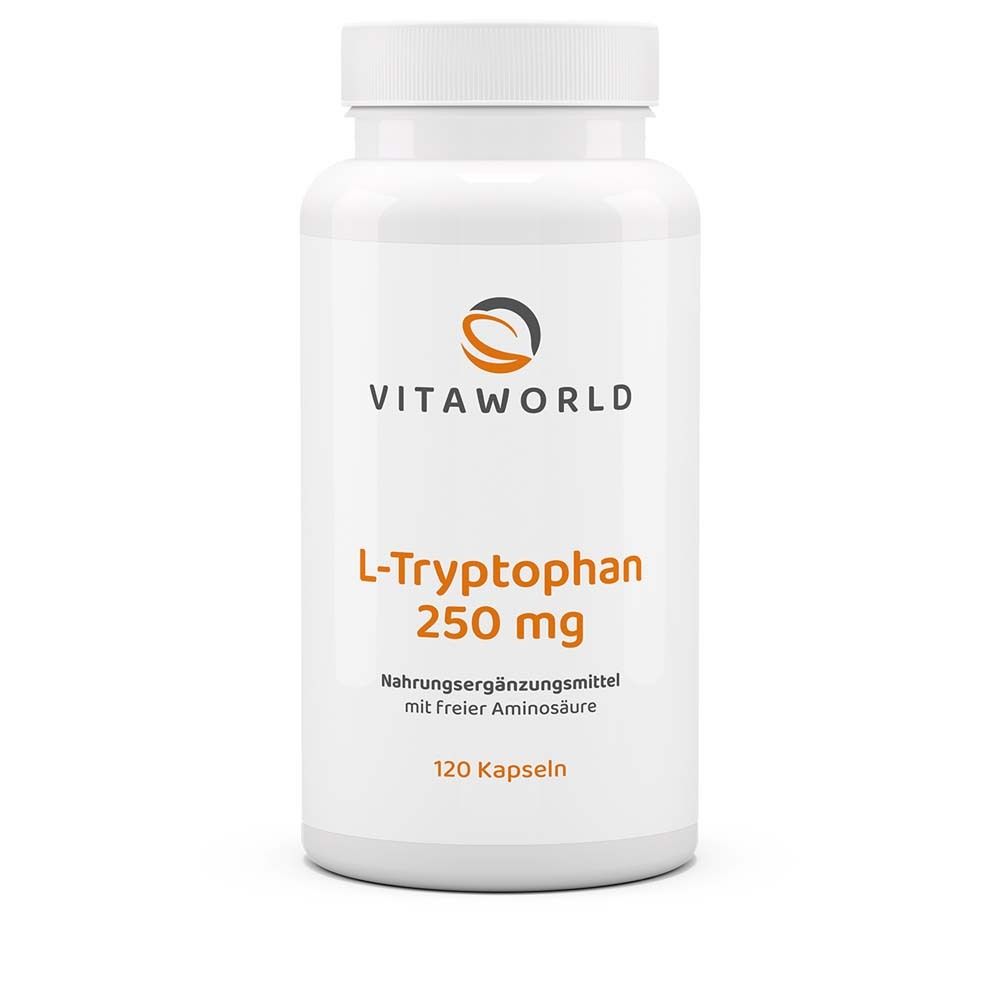 Weiße Flasche mit orangefarbener Aufschrift. Enthält L-Tryptophan 250 mg. Marke: Vitaworld. 120 Kapseln.