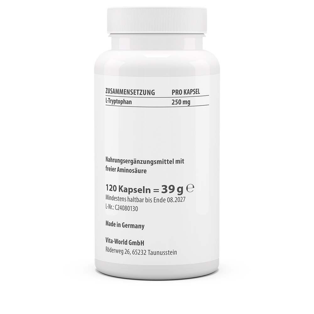 Rückseite der Flasche mit Text. Enthält L-Tryptophan 250 mg pro Kapsel. 120 Kapseln = 39 g. Mindestens haltbar bis 08.2027.
