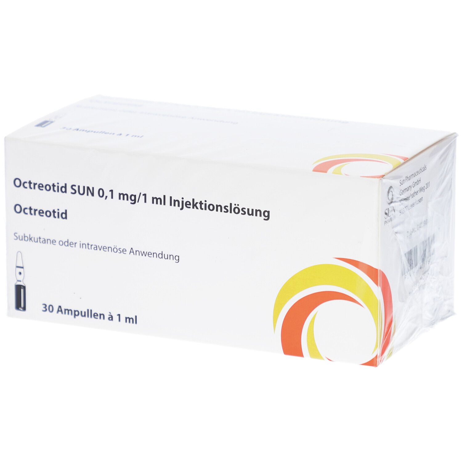 Karton mit Octreotid SUN 0,1 mg/1 ml Injektionslösung. 30 Ampullen. Verpackung mit Produktnamen und Logo.