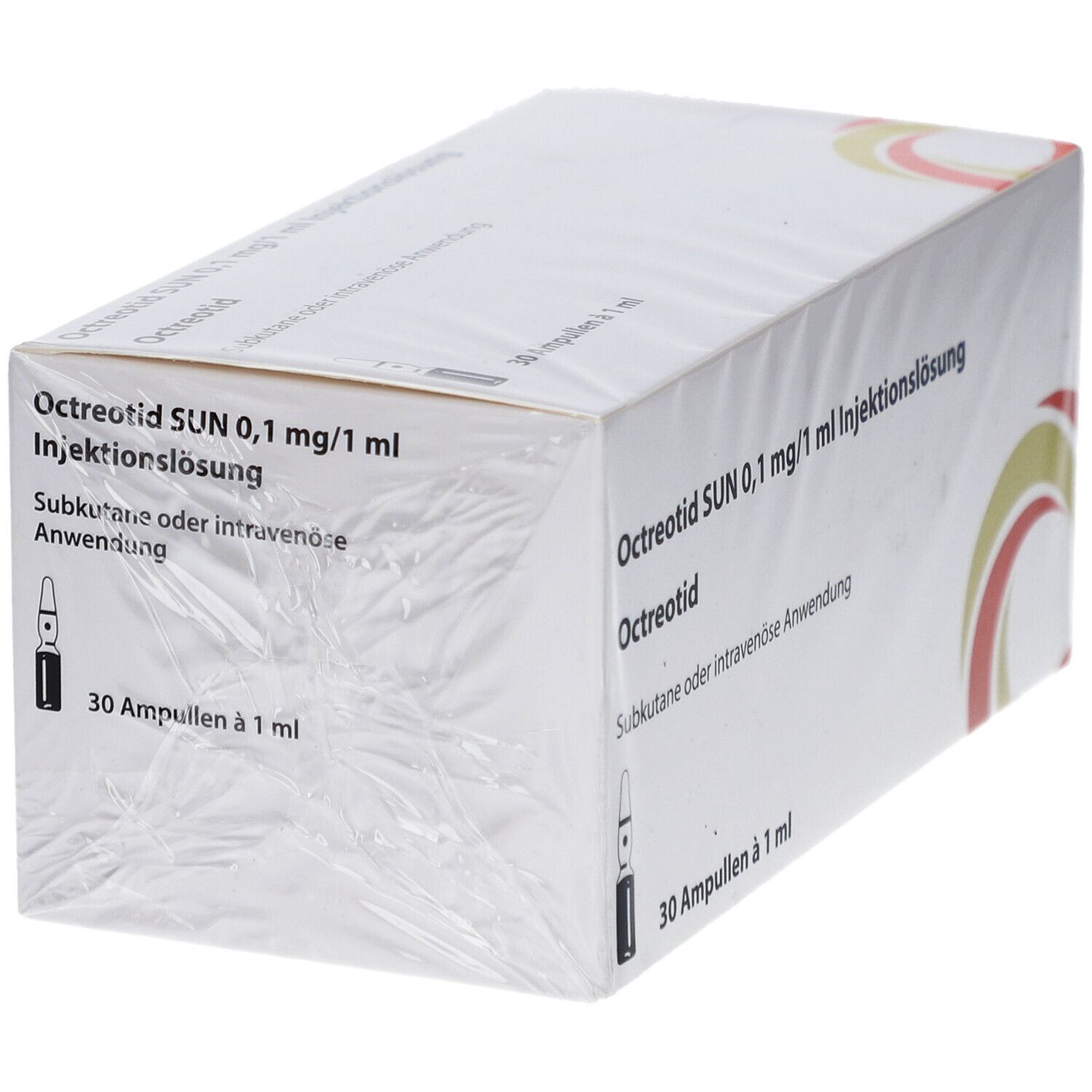 Karton mit Octreotid SUN 0,1 mg/1 ml Injektionslösung. Verpackt in Folie. Produktname und Logo sichtbar.