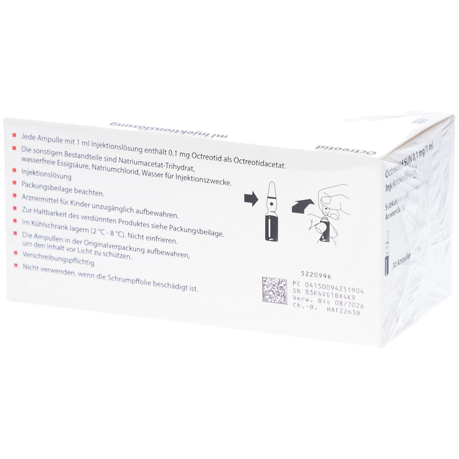 Rückseite des Kartons mit Informationen zu Octreotid SUN 0,1 mg/1 ml. Text und Piktogramme.