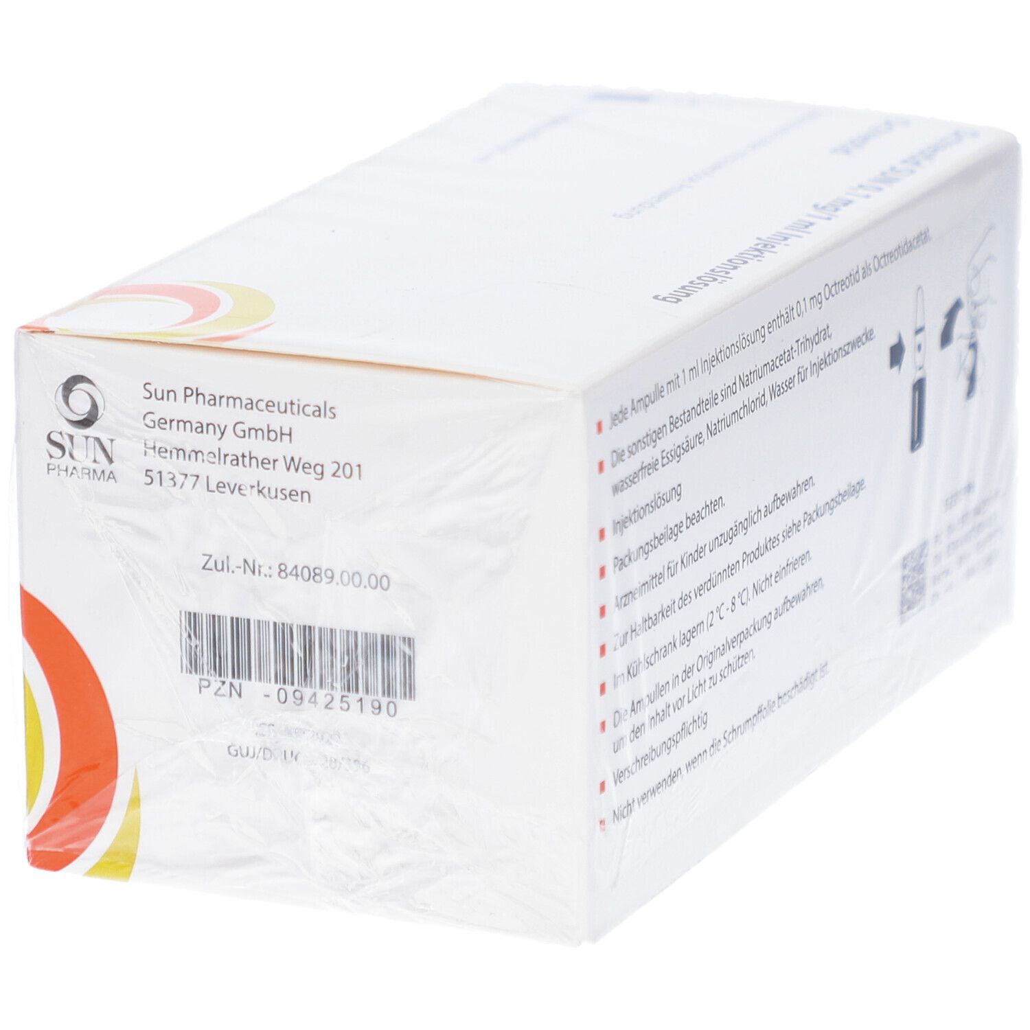 Karton mit Octreotid SUN 0,1 mg/1 ml. Herstellerinformationen von Sun Pharma. PZN-Nummer.