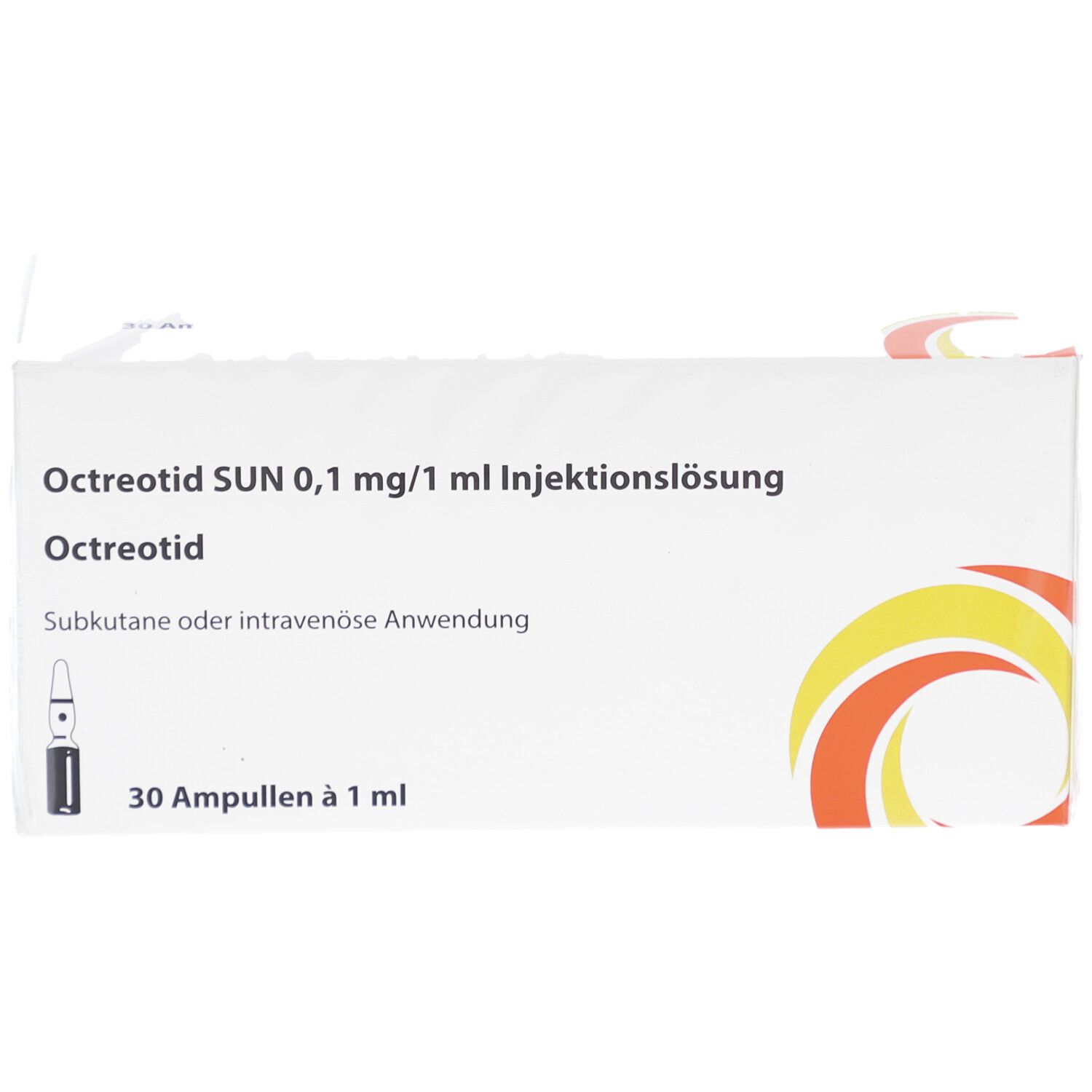 Karton mit Octreotid SUN 0,1 mg/1 ml Injektionslösung. 30 Ampullen. Produktname und Logo sichtbar.