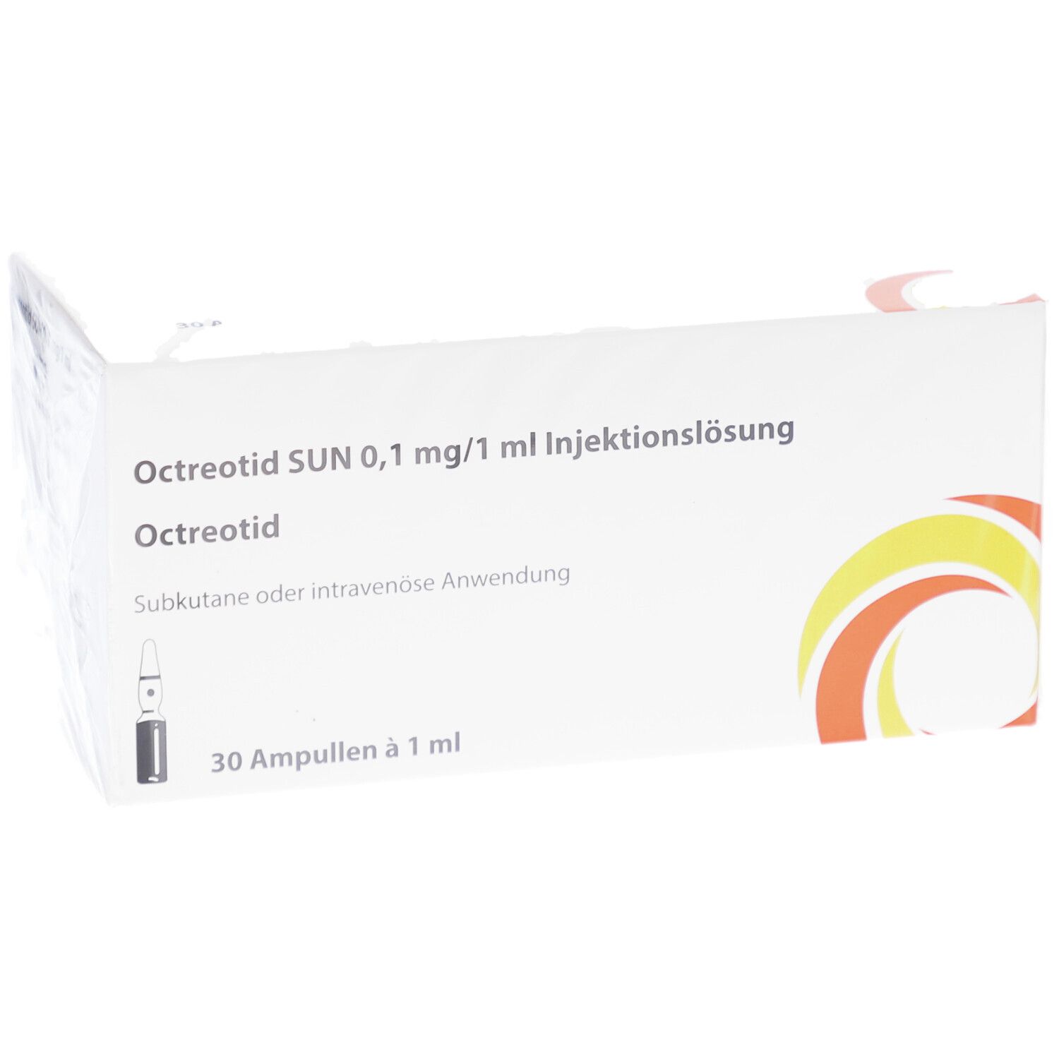 Karton mit Octreotid SUN 0,1 mg/1 ml Injektionslösung. Produktname und Logo sichtbar.