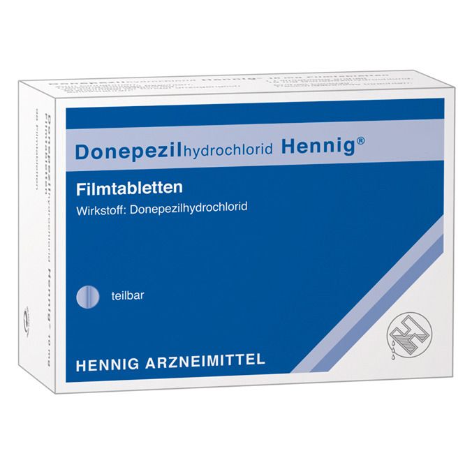 Verpackung von Donepezilhydrochlorid Hennig® 5 mg Filmtabletten. Blaue Schrift auf weißem Hintergrund. Logo von Hennig Arzneimittel.