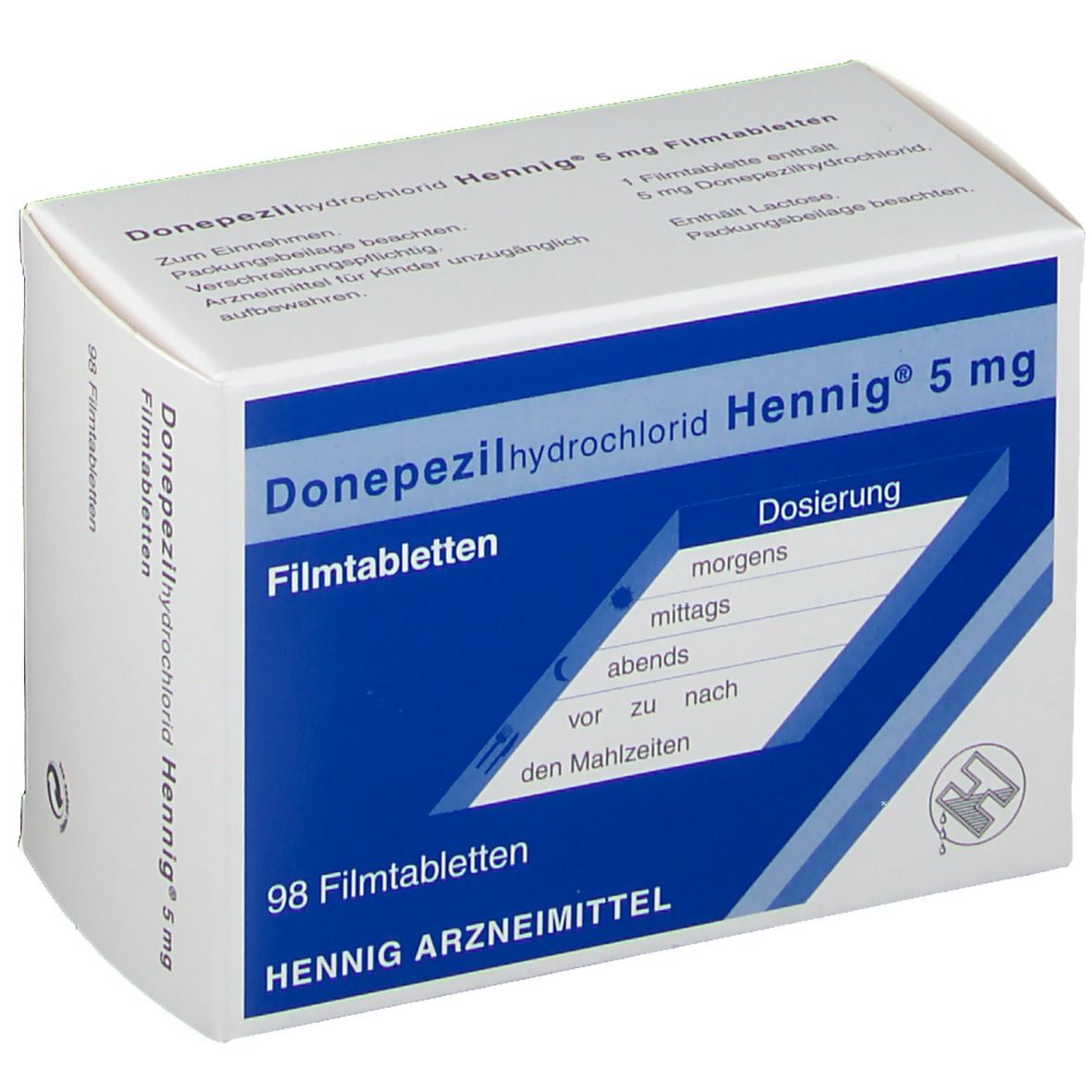 Schachtel mit Donepezilhydrochlorid Hennig® 5 mg Filmtabletten. Blaue und weiße Aufmachung. 98 Tabletten. Dosierungshinweise.