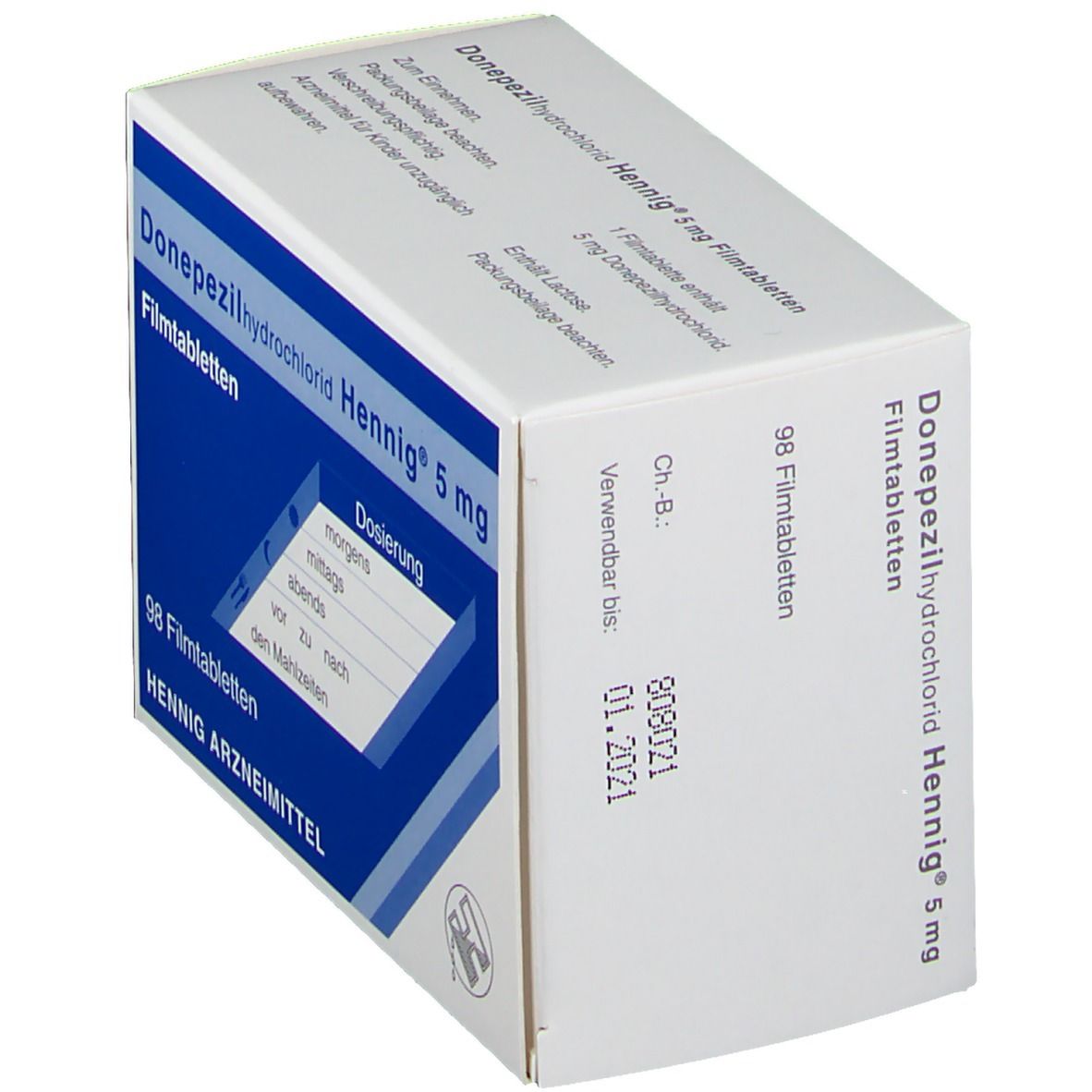 Schachtel mit Donepezilhydrochlorid Hennig® 5 mg Filmtabletten. Blaue und weiße Aufmachung. 98 Tabletten. Verfallsdatum 01.2021.