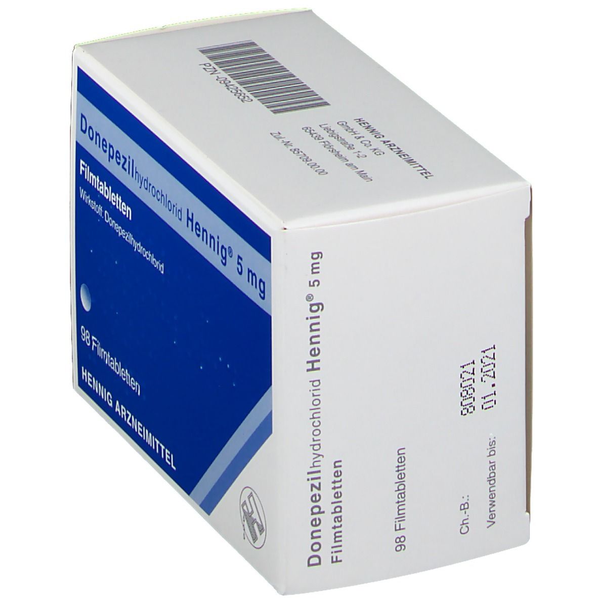 Schachtel mit Donepezilhydrochlorid Hennig® 5 mg Filmtabletten. Blaue und weiße Aufmachung. 98 Tabletten. Verfallsdatum 01.2021.