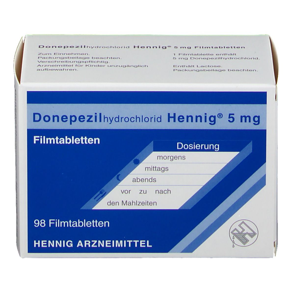 Schachtel mit Donepezilhydrochlorid Hennig® 5 mg Filmtabletten. Blaue und weiße Aufmachung. 98 Tabletten. Dosierungshinweise.