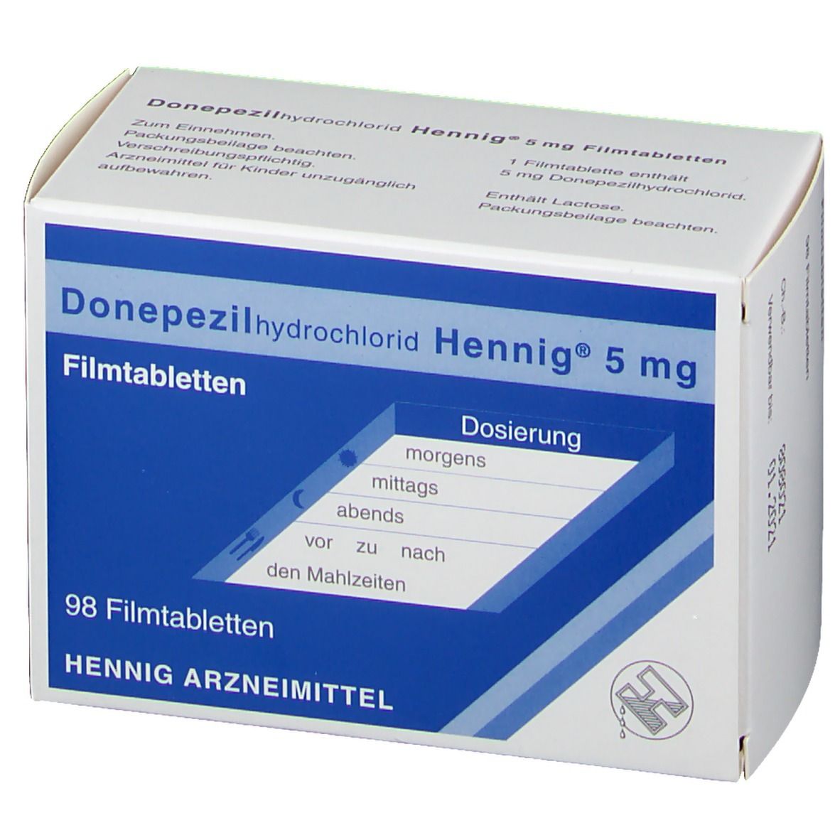 Schachtel mit Donepezilhydrochlorid Hennig® 5 mg Filmtabletten. Blaue und weiße Aufmachung. 98 Tabletten. Dosierungshinweise.