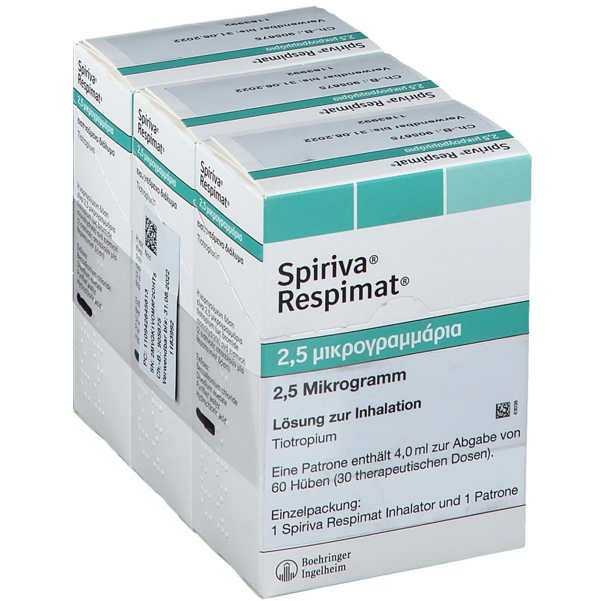 Packung SPIRIVA Respimat, 2,5 Mikrogramm. Grün-weiße Schachtel mit Produktinformationen und Logo.
