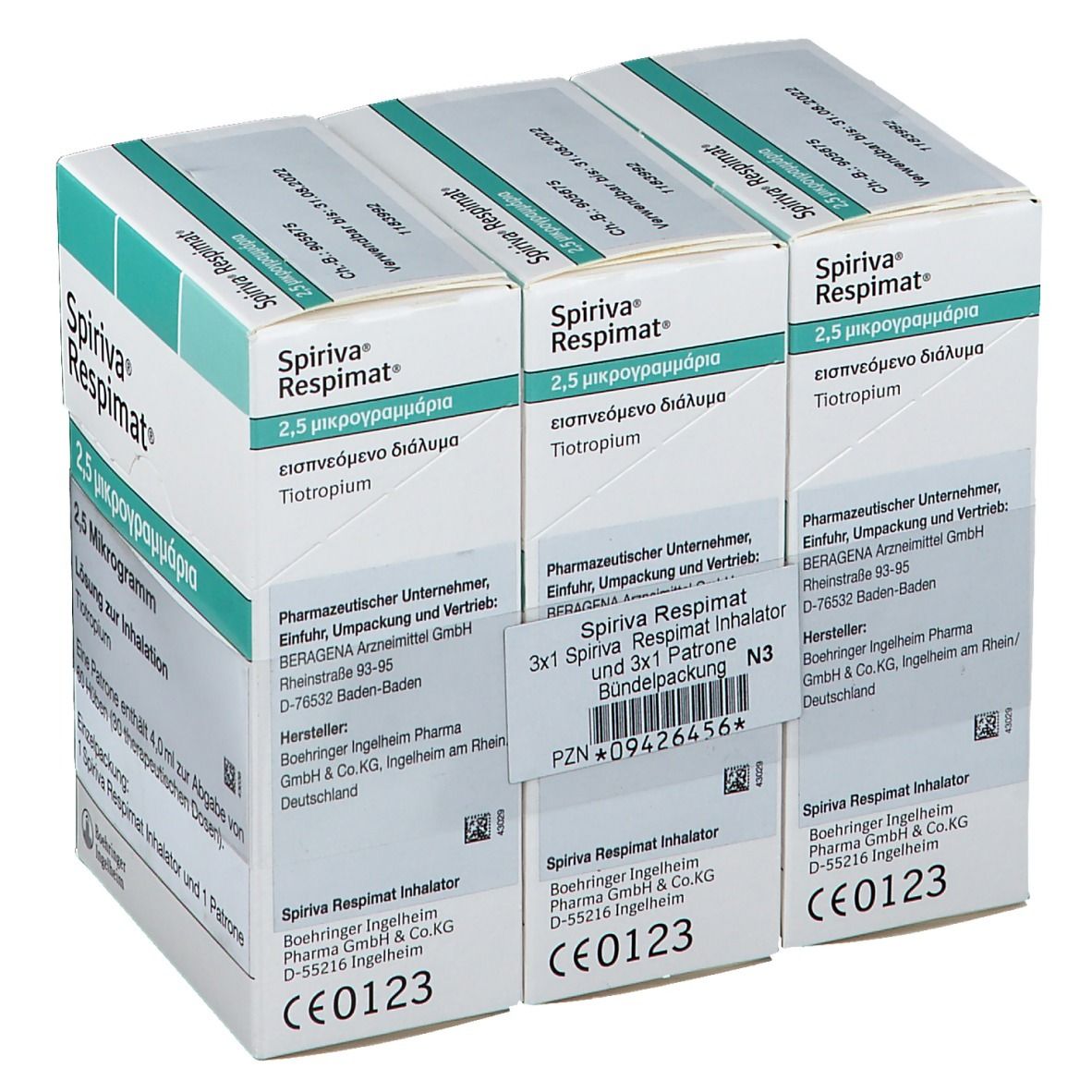 Drei Packungen SPIRIVA Respimat, 2,5 Mikrogramm. Grün-weiße Schachteln mit Produktinformationen.
