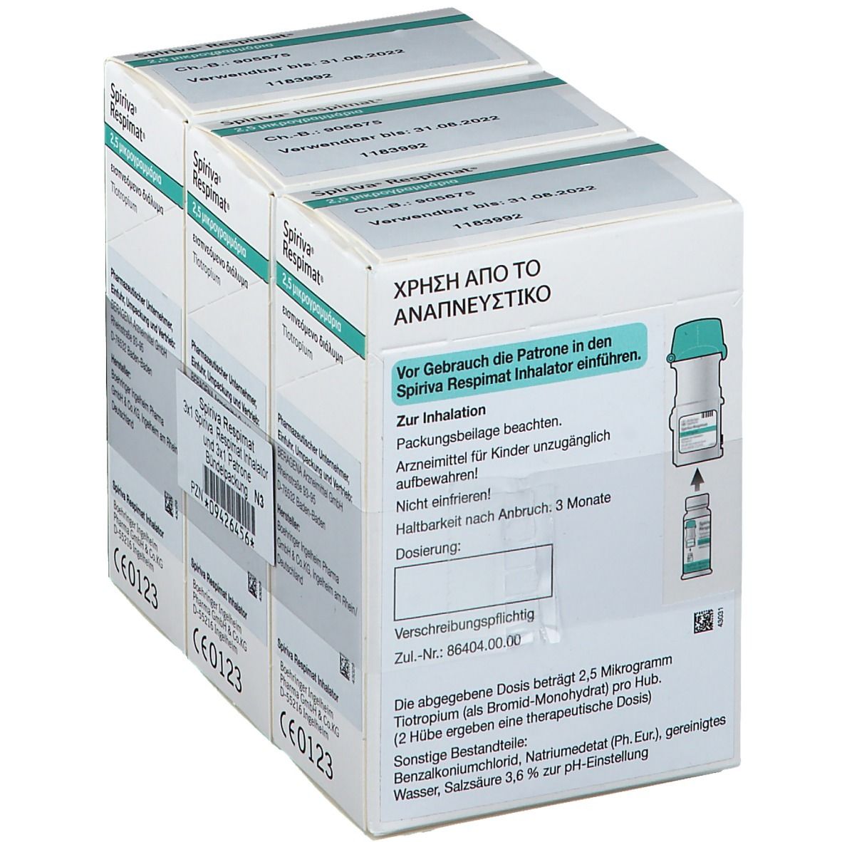 Rückseite von drei SPIRIVA Respimat Packungen. Informationen zur Anwendung und Dosierung.