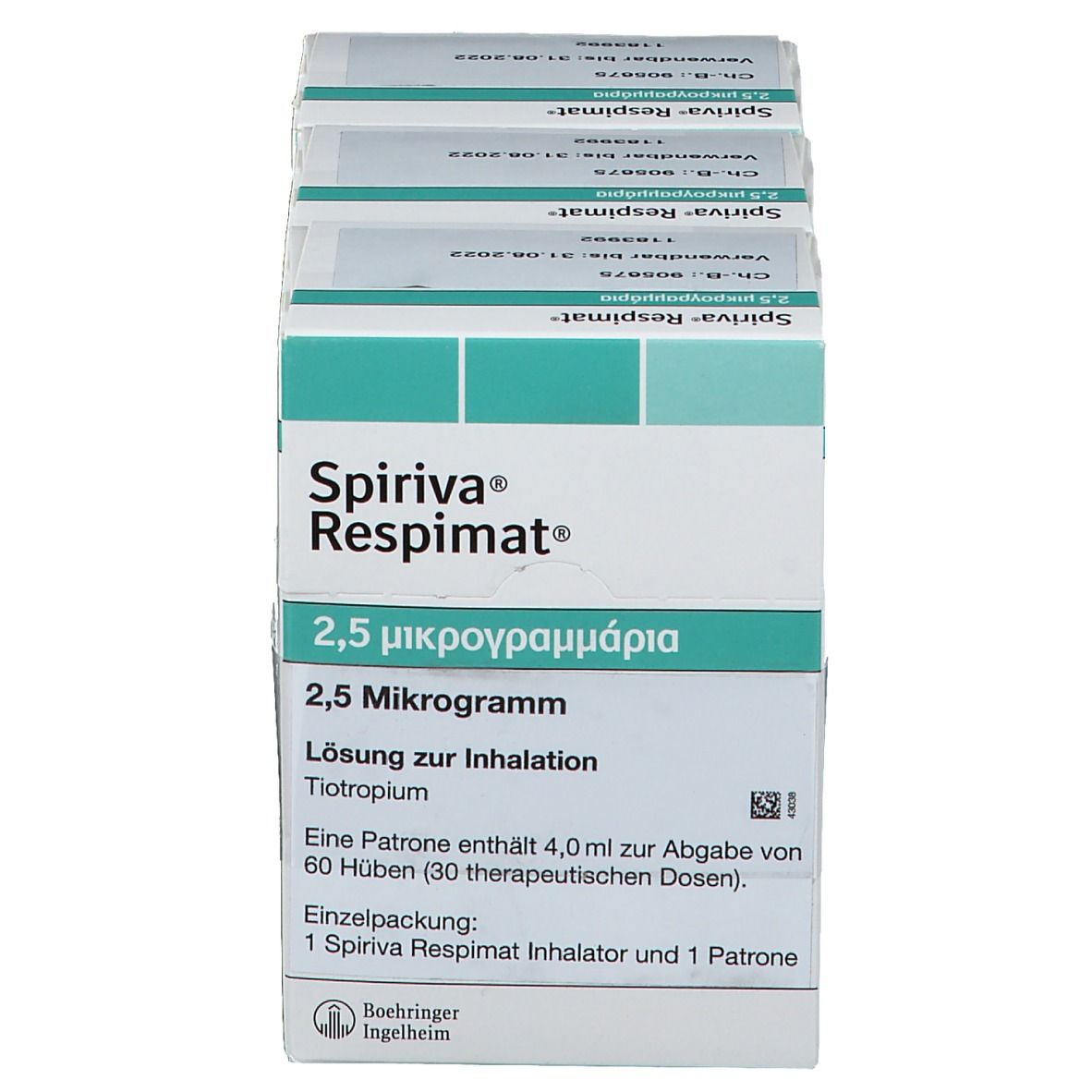 Mehrere SPIRIVA Respimat Packungen, 2,5 Mikrogramm. Grün-weiße Schachteln mit Produktinformationen.