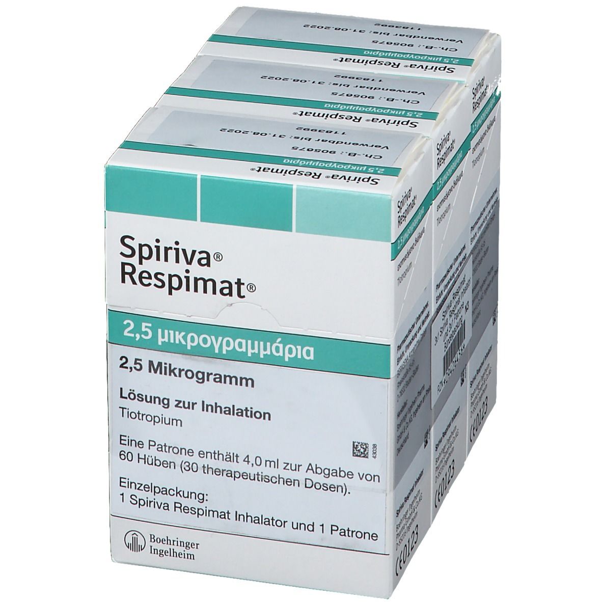 Mehrere SPIRIVA Respimat Packungen, 2,5 Mikrogramm. Grün-weiße Schachteln mit Produktinformationen.