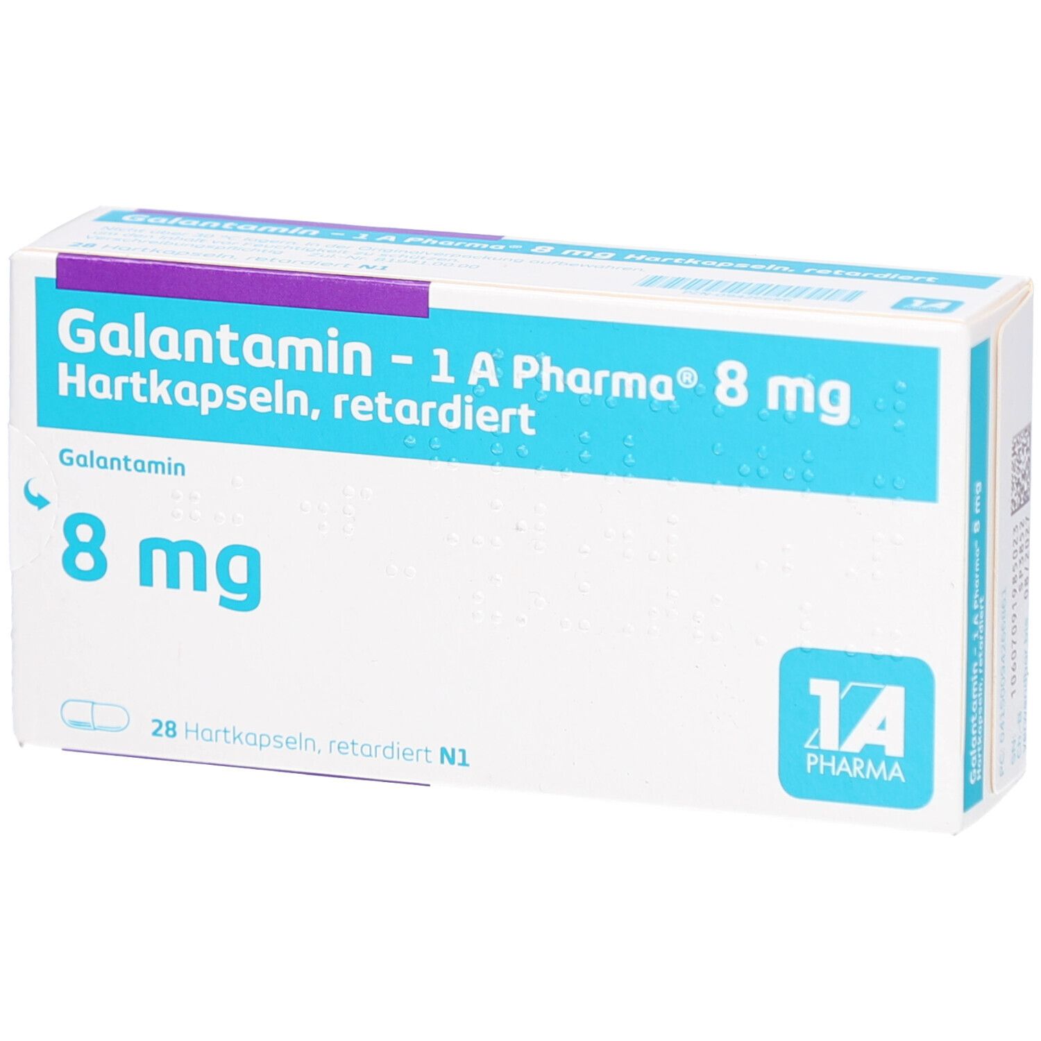 Schachtel mit Galantamin - 1 A Pharma 8 mg Hartkapseln. Blaue Schrift auf weißem Grund. 8 mg und 28 Hartkapseln sind angegeben.