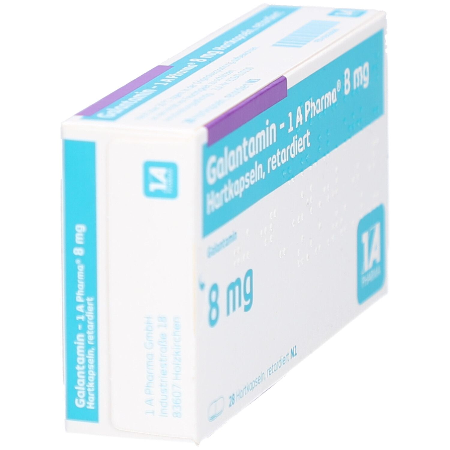 Schachtel Galantamin - 1 A Pharma 8 mg Hartkapseln, schräg. Blaue Schrift auf weißem Grund. Logo 1 A Pharma.