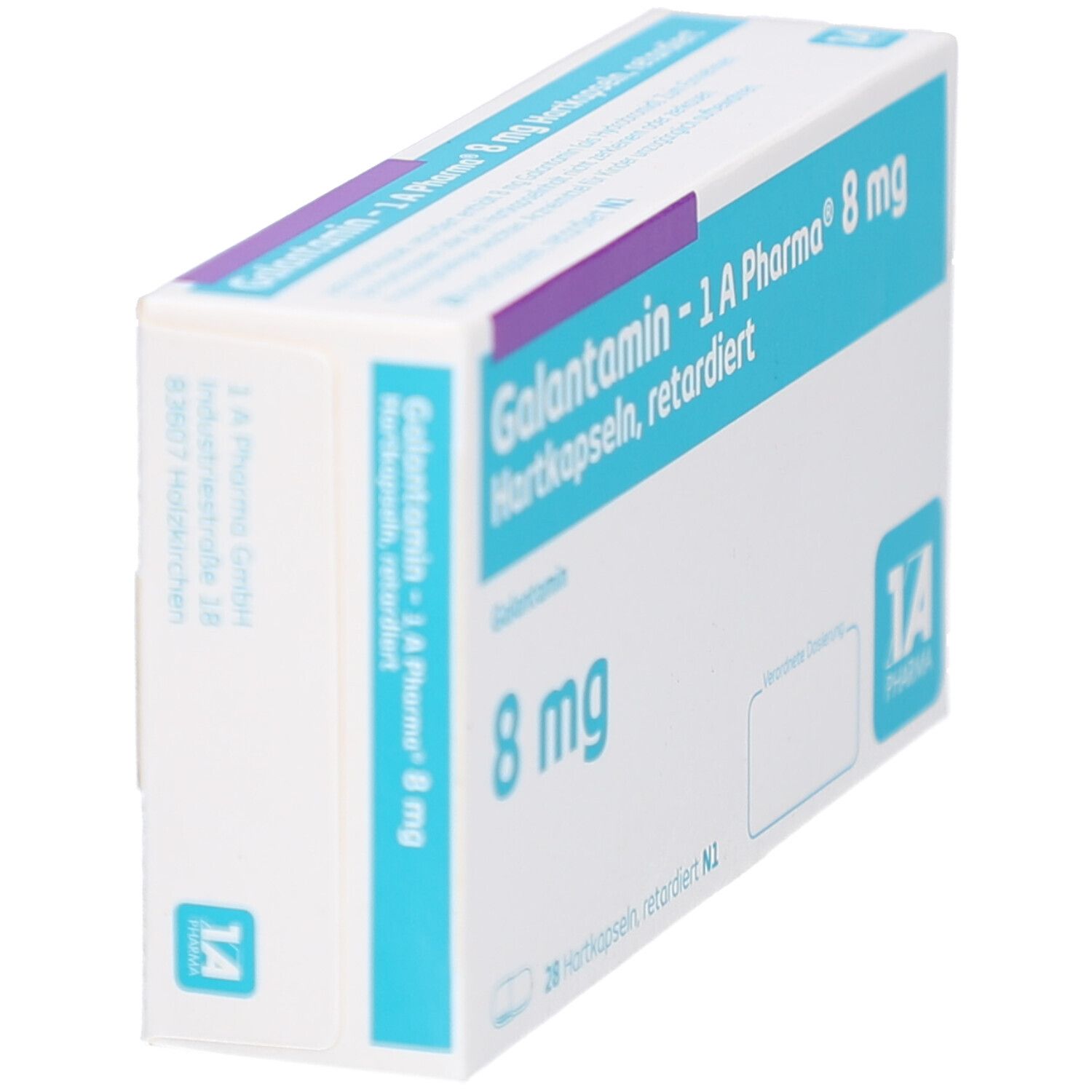 Schachtel Galantamin - 1 A Pharma 8 mg Hartkapseln, schräg. Blaue Schrift auf weißem Grund. Logo 1 A Pharma.