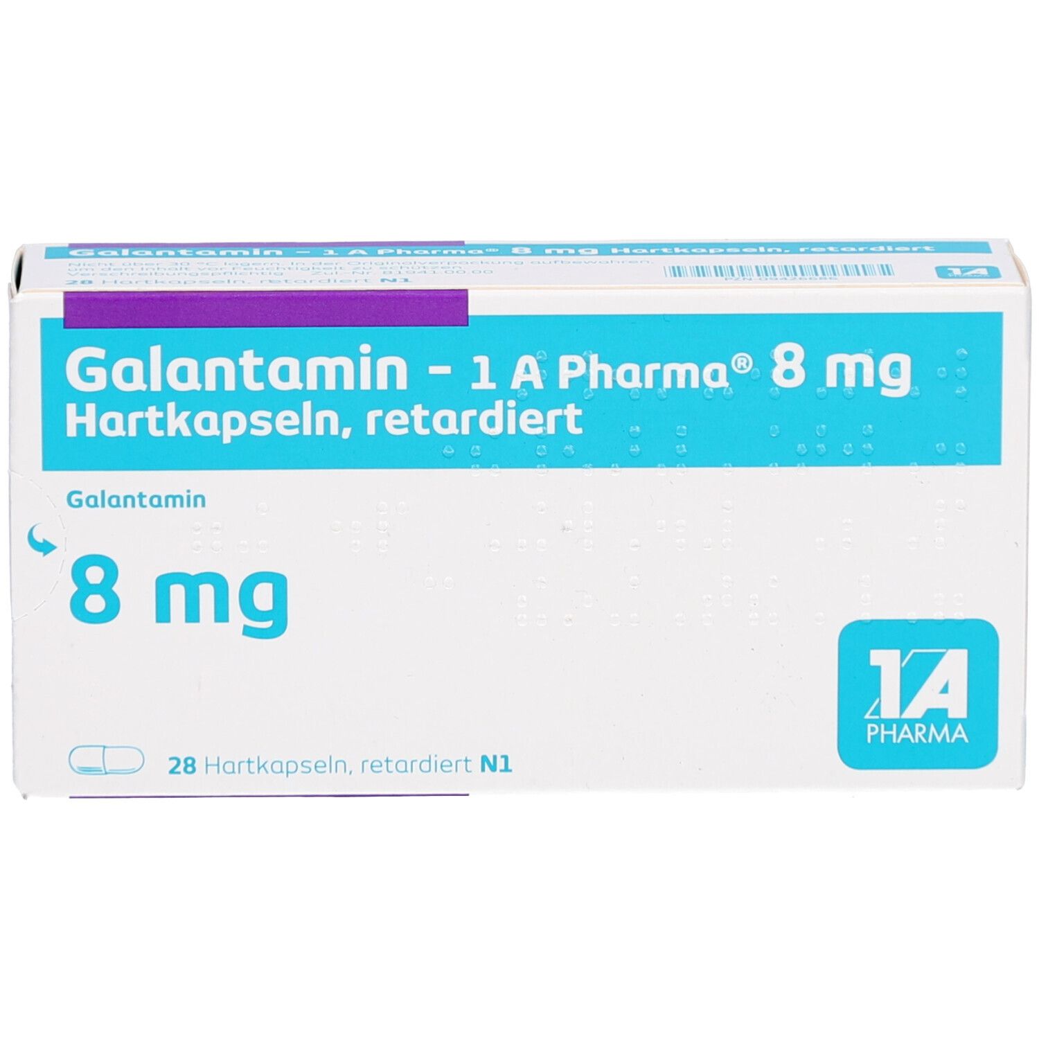 Schachtel mit Galantamin - 1 A Pharma 8 mg Hartkapseln. Blaue Schrift auf weißem Grund. 8 mg und 28 Hartkapseln sind angegeben.