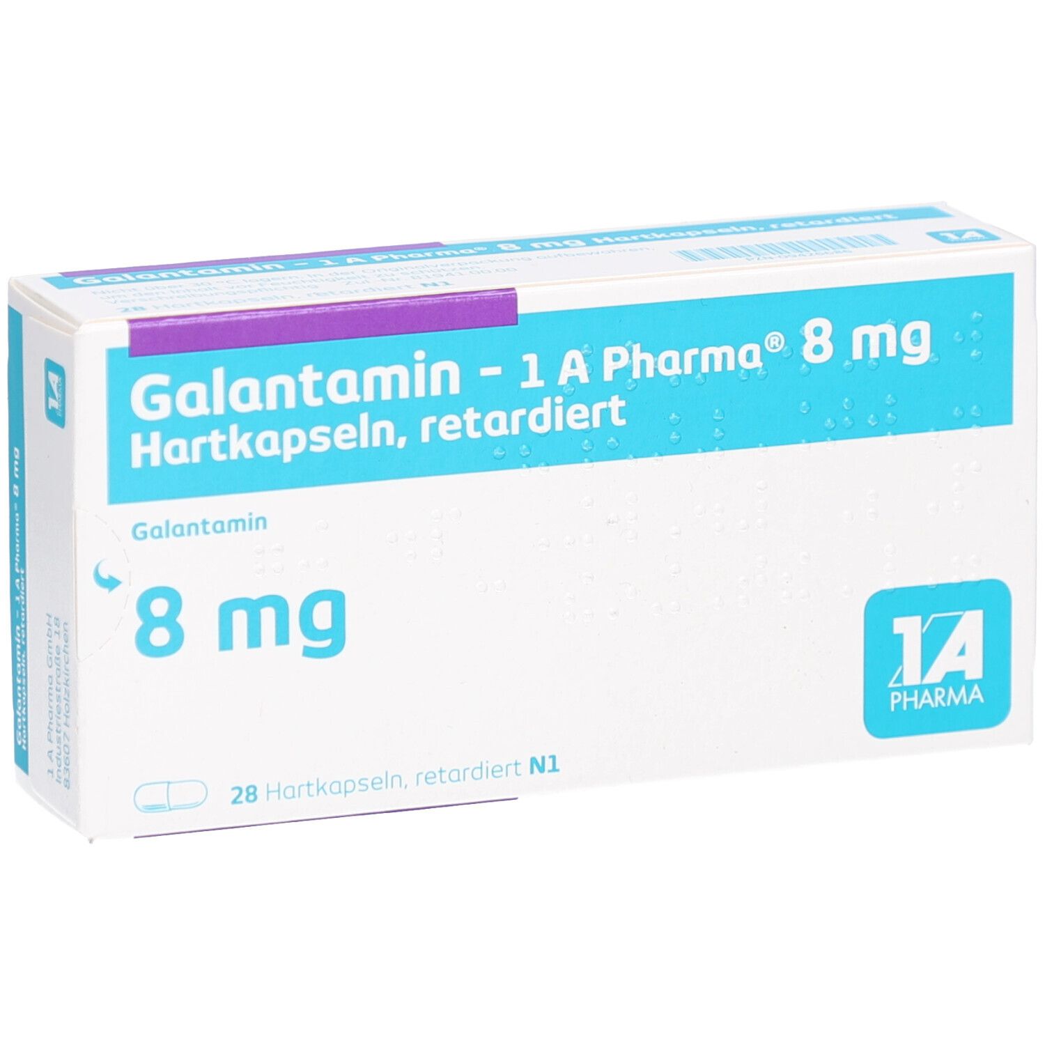 Schachtel mit Galantamin - 1 A Pharma 8 mg Hartkapseln. Blaue Schrift auf weißem Grund. 8 mg und 28 Hartkapseln sind angegeben.