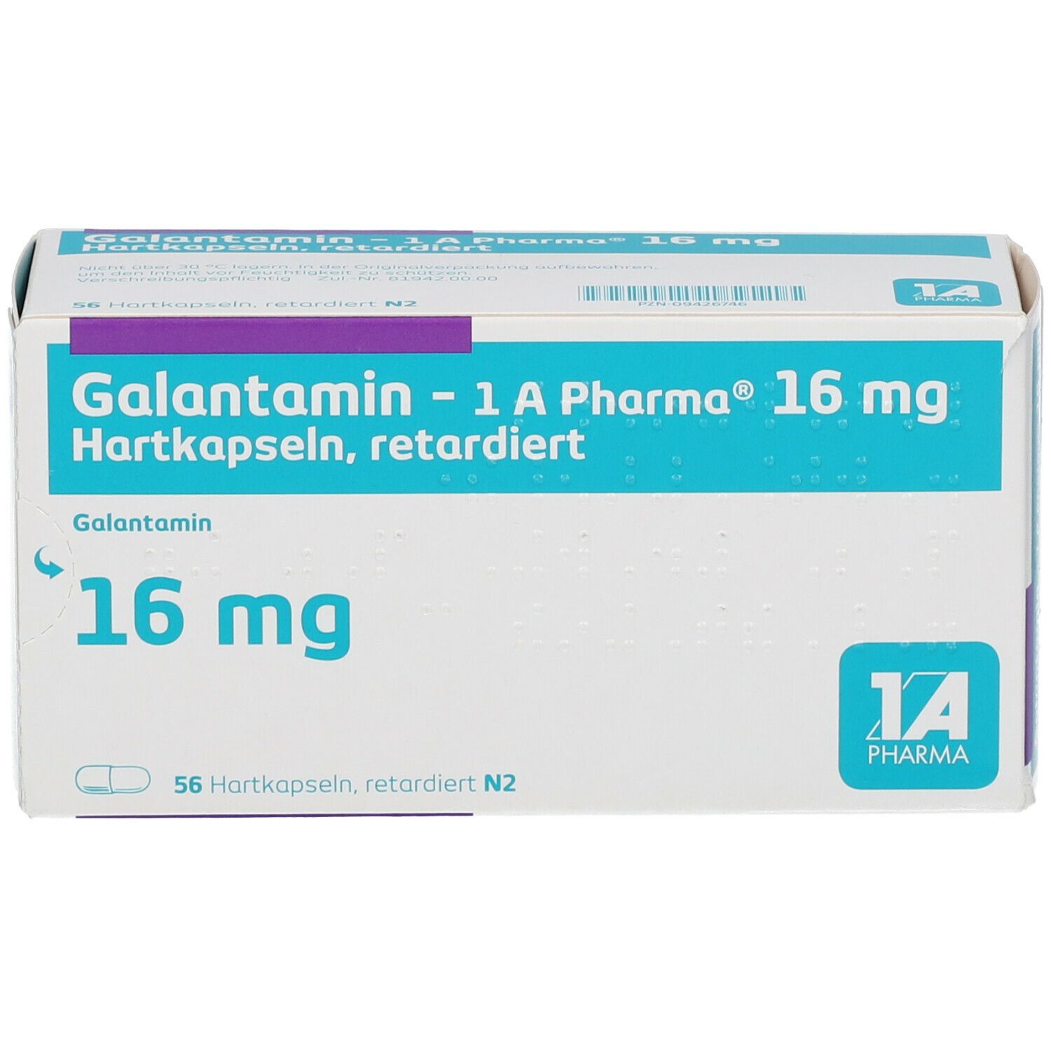 Schachtel mit Galantamin - 1 A Pharma® 16 mg Hartkapseln. Aufschrift: 16 mg, 56 Hartkapseln, retardiert N2. Logo 1 A Pharma.