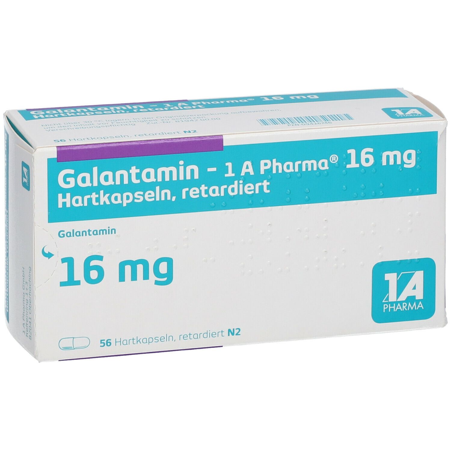 Schachtel mit Galantamin - 1 A Pharma® 16 mg Hartkapseln. Aufschrift: 16 mg, 56 Hartkapseln, retardiert N2. Logo 1 A Pharma.