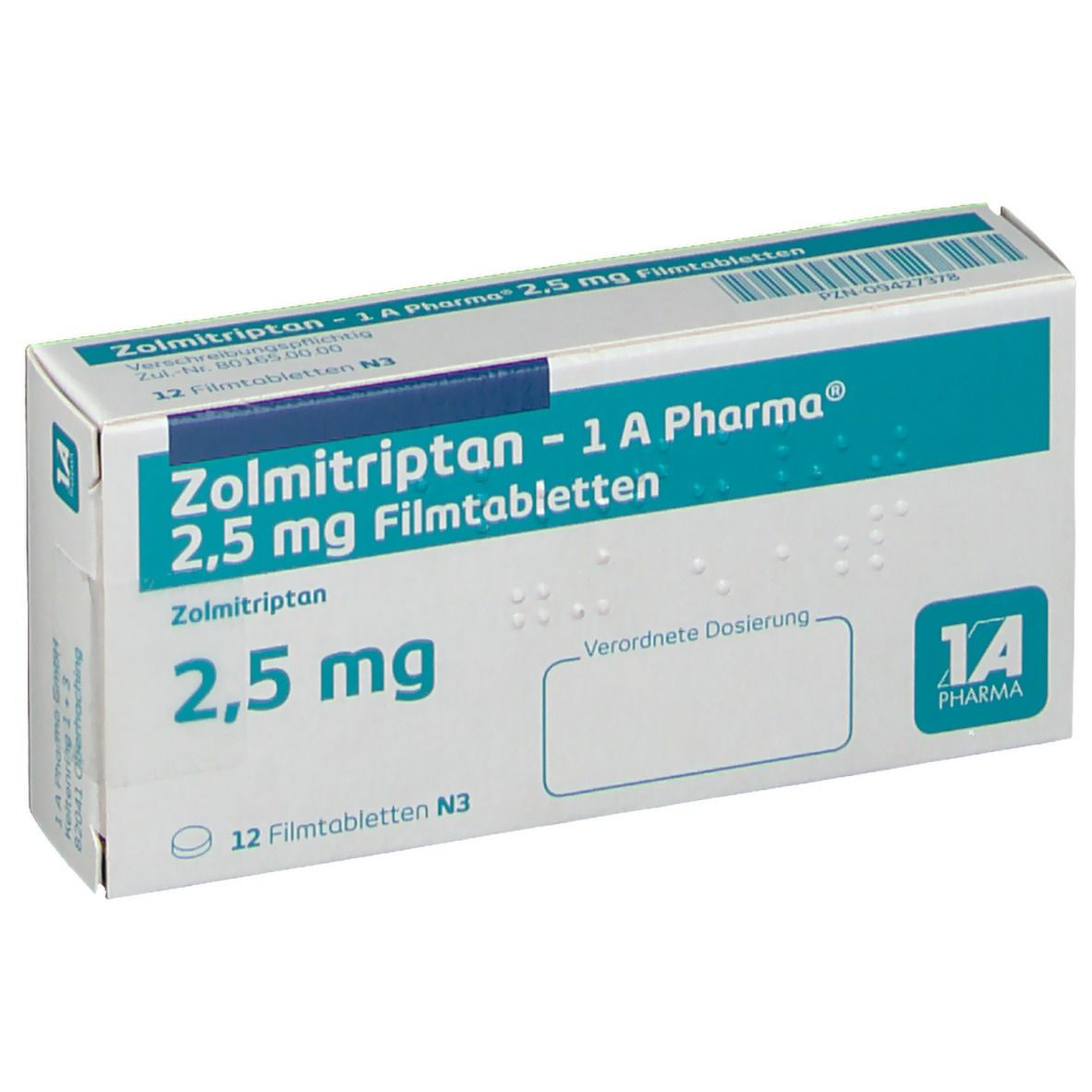 Zolmitriptan 2,5 mg Filmtabletten, 1A Pharma. Weiße Schachtel mit blauer Schrift. 12 Tabletten. 1A Pharma Logo.