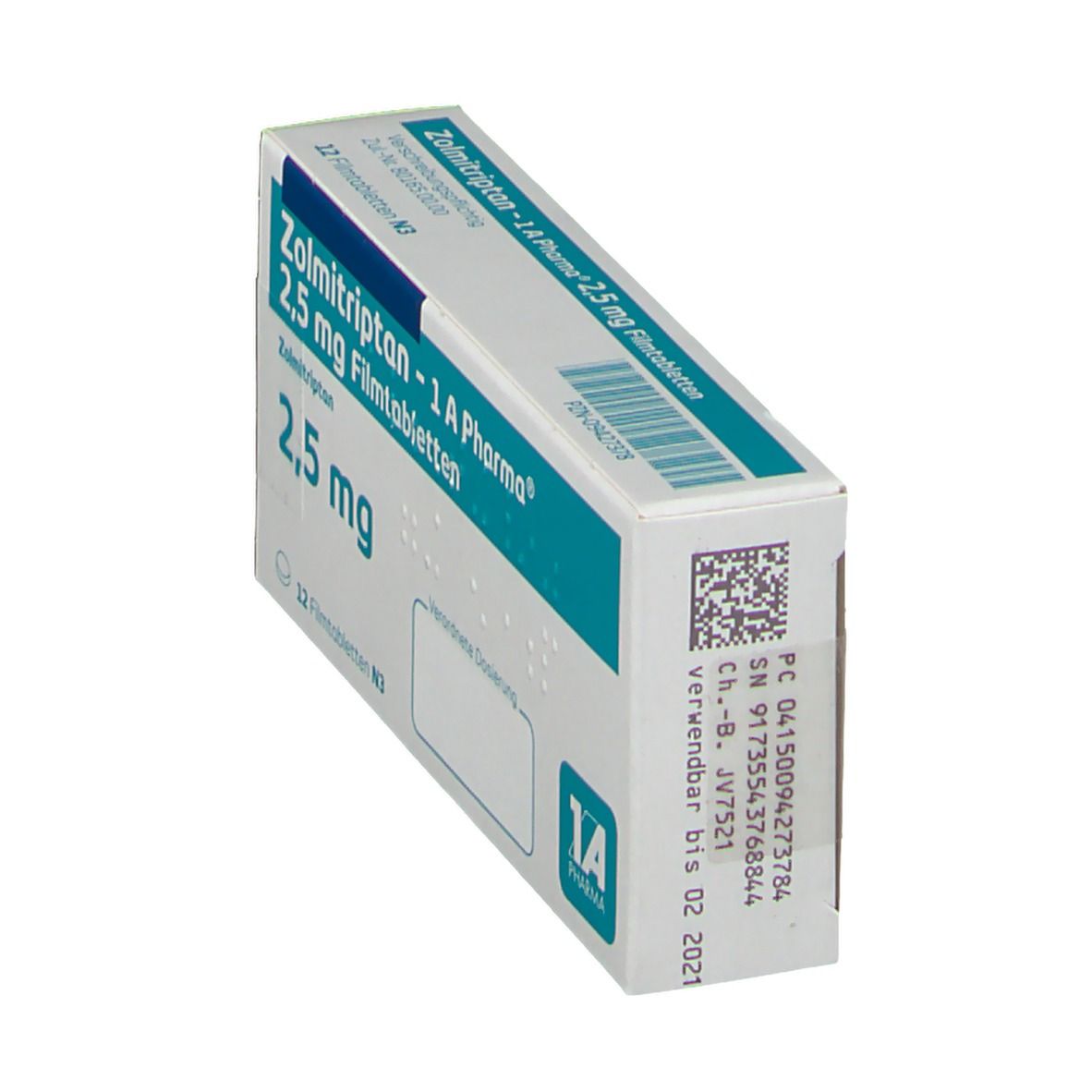 Zolmitriptan 2,5 mg Filmtabletten, 1A Pharma. Weiße Schachtel, blaue Schrift. Barcode und Verfallsdatum. 1A Pharma Logo.