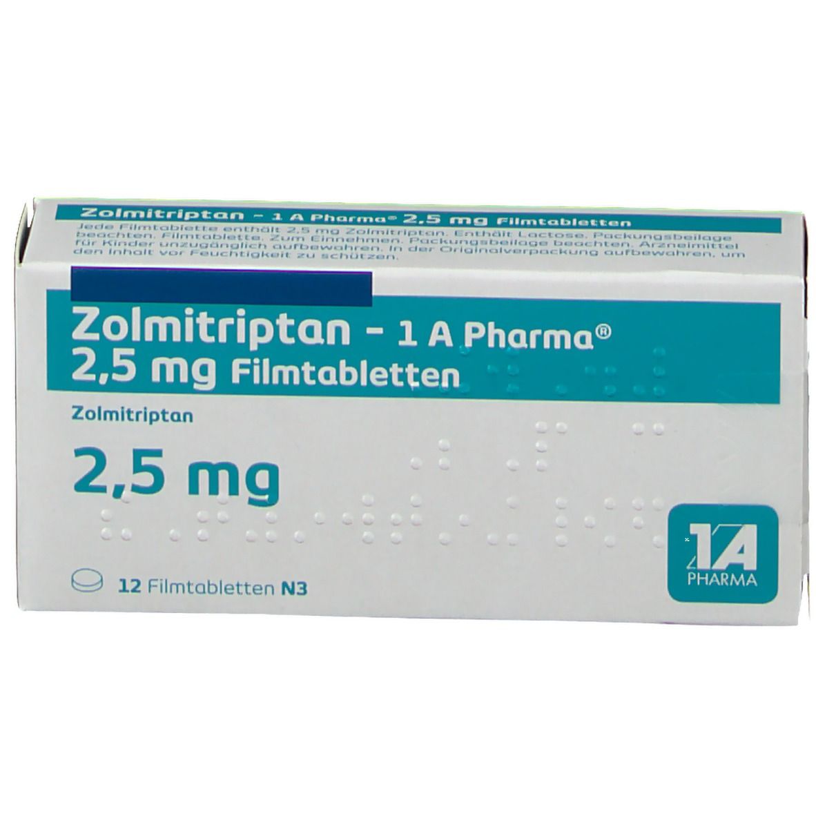 Zolmitriptan 2,5 mg Filmtabletten, 1A Pharma. Weiße Schachtel mit blauer Schrift. 12 Tabletten. 1A Pharma Logo.