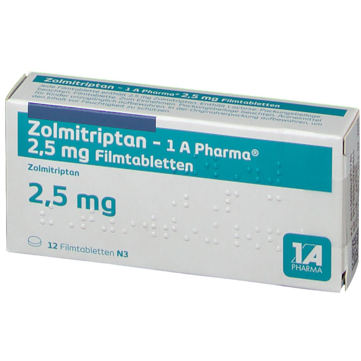 Zolmitriptan 2,5 mg Filmtabletten, 1A Pharma. Weiße Schachtel mit blauer Schrift. 12 Tabletten. 1A Pharma Logo.