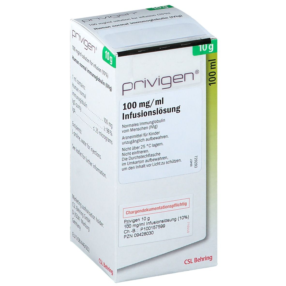 Karton mit Produktinformationen. Aufschrift: privigen, 100 mg/ml Infusionslösung, 10 g. CSL Behring Logo.