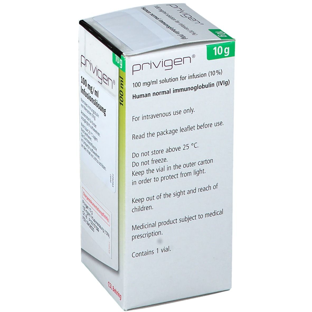 Karton mit Produktinformationen. Aufschrift: privigen, 100 mg/ml Lösung zur Infusion, 10 g. Text: Nur zur intravenösen Anwendung.