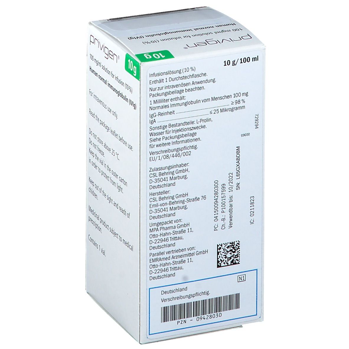 Rückseite der Produktverpackung. Aufschrift: privigen, 10 g/100 ml. Enthält Informationen zur Anwendung und Hersteller.