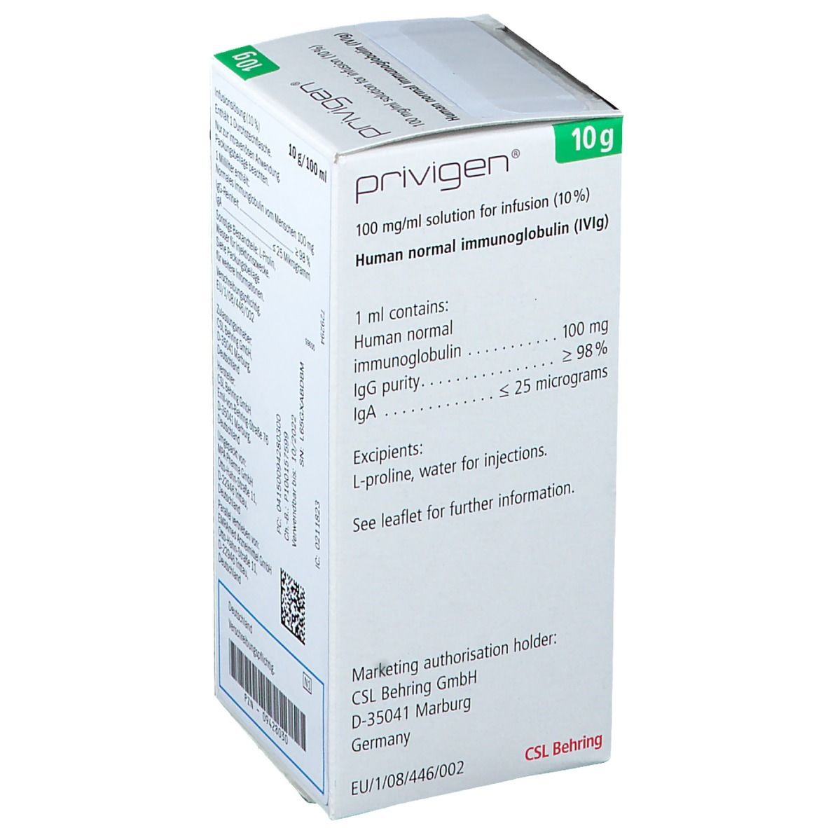 Karton mit Produktinformationen. Aufschrift: privigen, 100 mg/ml Lösung zur Infusion, 10 g. Enthält Informationen zur Zusammensetzung.