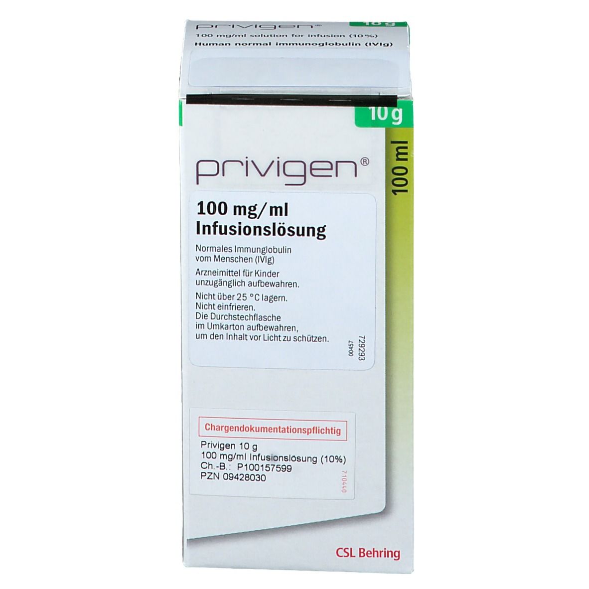 Karton mit Produktinformationen. Aufschrift: privigen, 100 mg/ml Infusionslösung, 10 g. CSL Behring Logo.