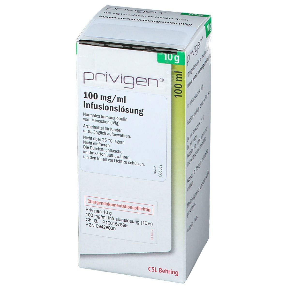Karton mit Produktinformationen. Aufschrift: privigen, 100 mg/ml Infusionslösung, 10 g. CSL Behring Logo.