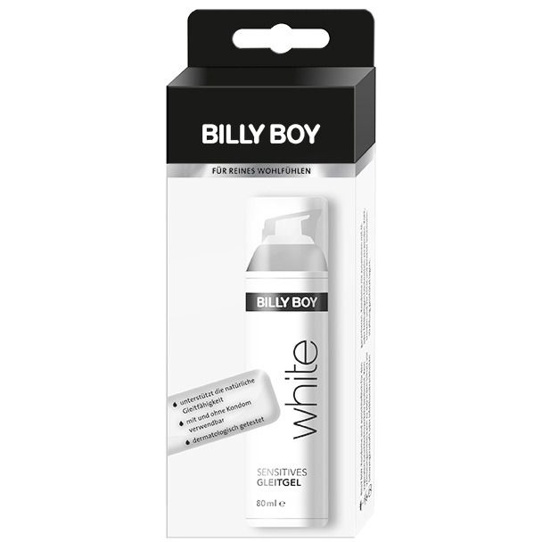 Verpackung mit weißem Gleitgel. Aufschrift "BILLY BOY" und "white". Sensitives Gleitgel. Dermatologisch getestet.