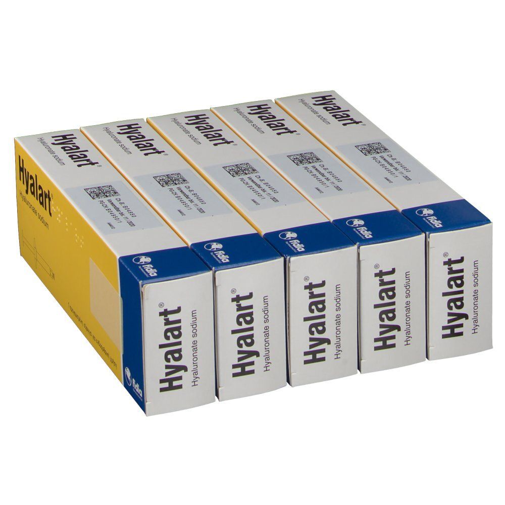 Mehrere Kartons mit dem Produktnamen Hyalart und der Aufschrift „Hyaluronat-Natrium“. Blaue und gelbe Verpackung.