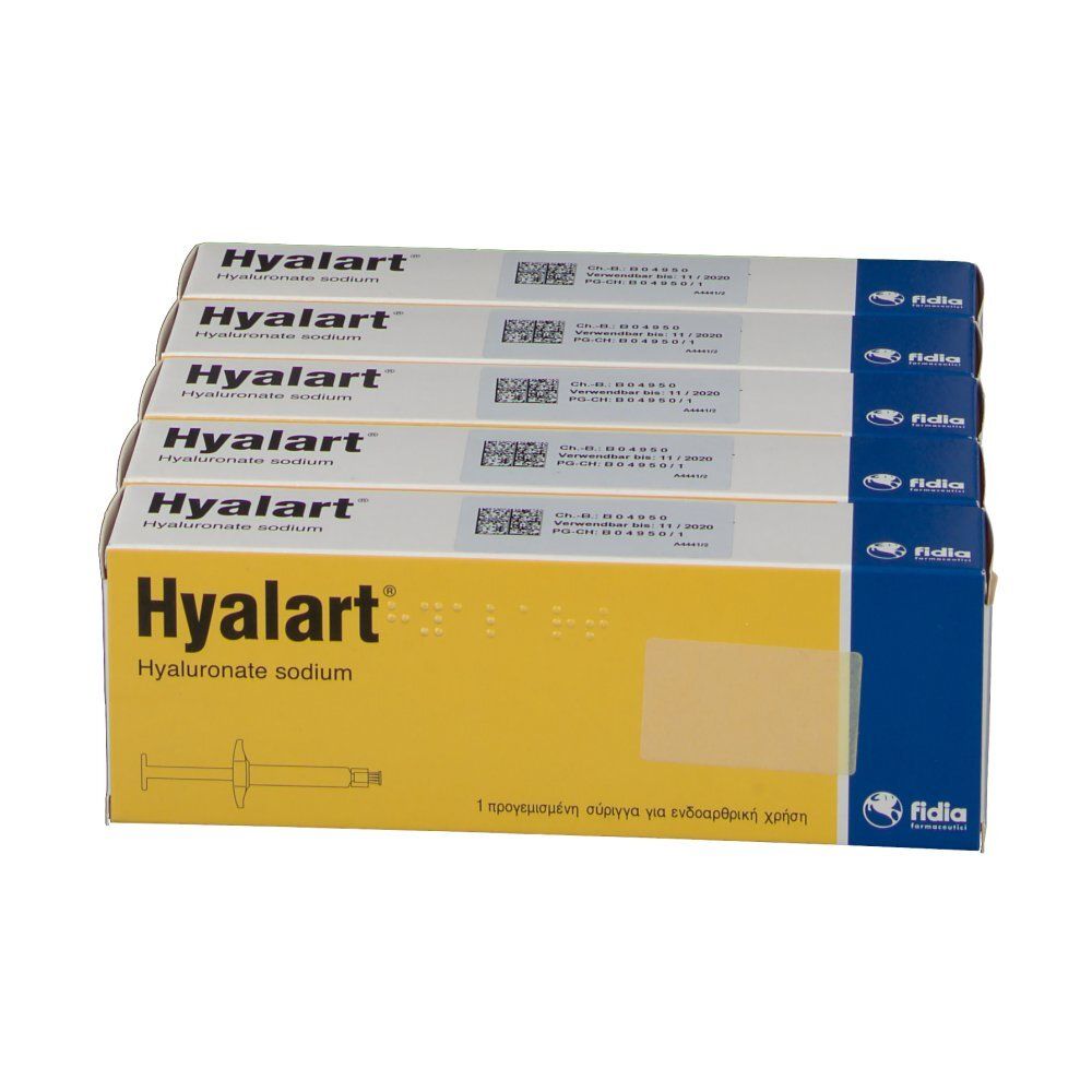 Mehrere Kartons mit dem Produktnamen Hyalart und der Aufschrift „Hyaluronat-Natrium“. Aufdruck einer Spritze. Blaue und gelbe Verpackung.