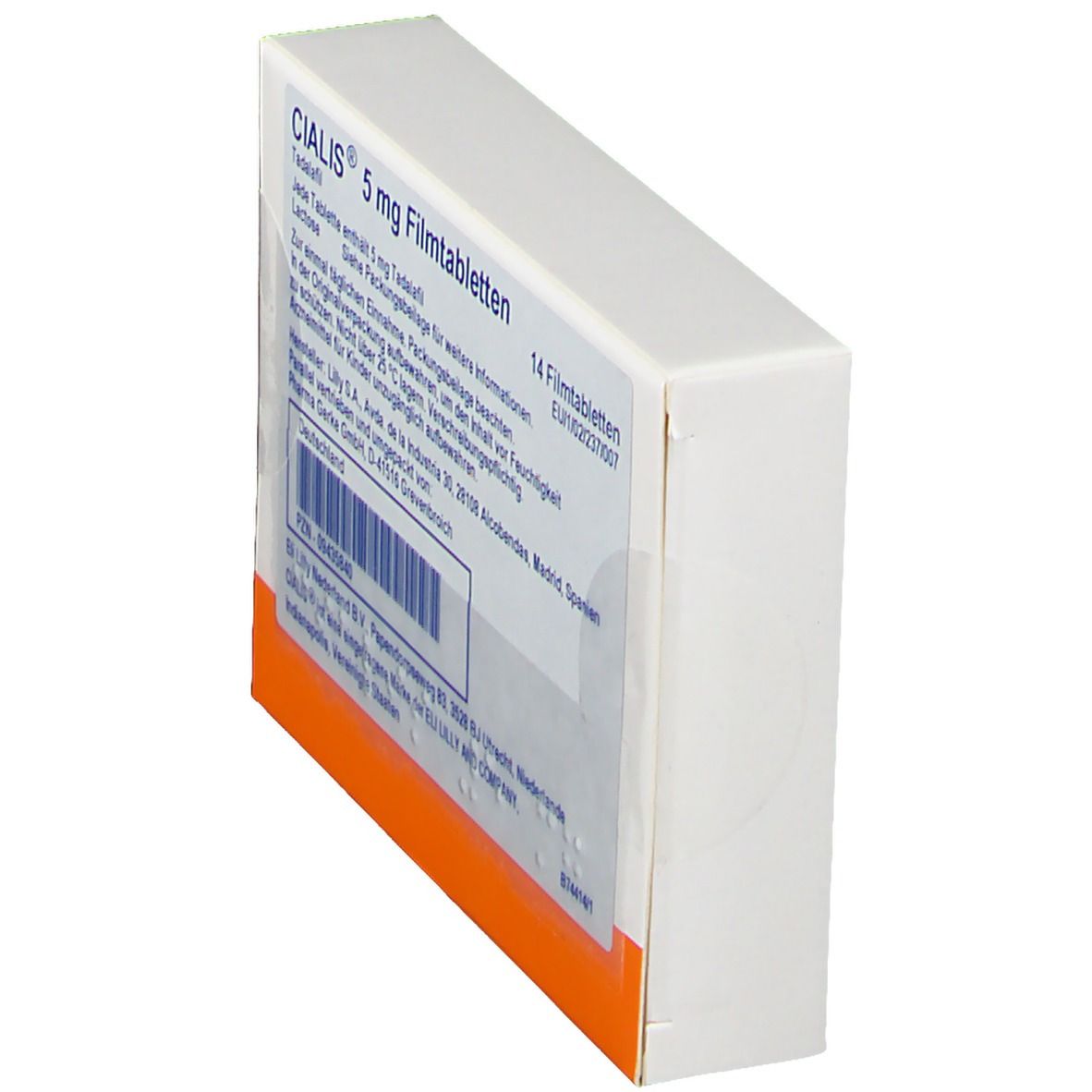 Schachtel CIALIS 5 mg Filmtabletten, schräg von der Seite. Weiße Schachtel mit Text und einem orangefarbenen Streifen.