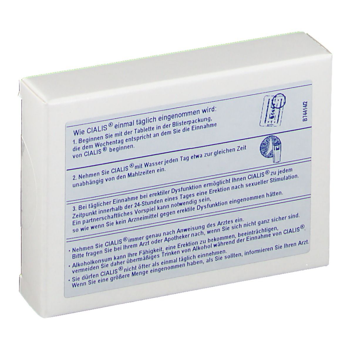 Rückseite der CIALIS 5 mg Filmtabletten-Packung. Text in deutscher Sprache. Anweisungen zur Einnahme.