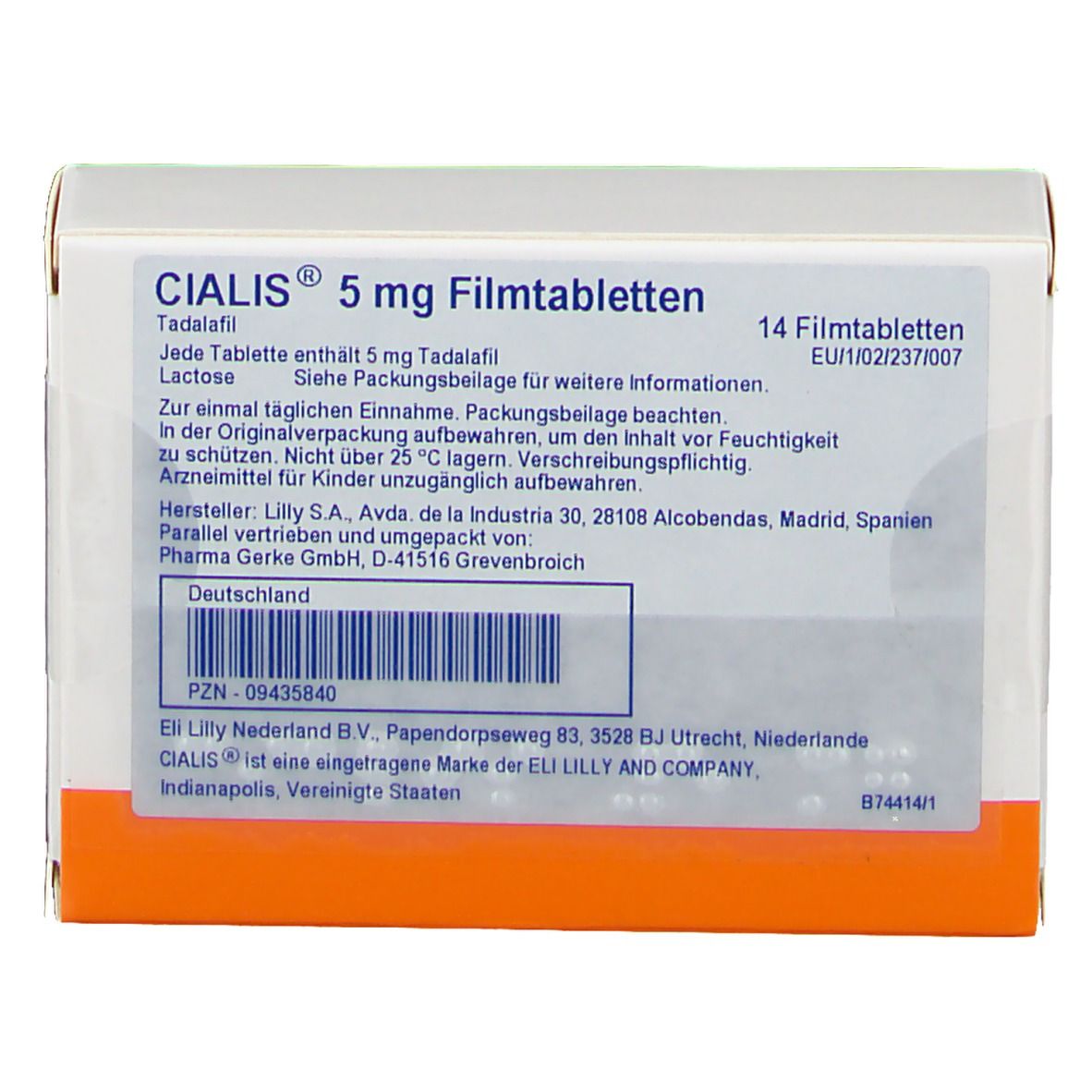 Schachtel mit CIALIS 5 mg Filmtabletten. Aufschrift: 14 Filmtabletten. Orangefarbener Streifen am unteren Rand.