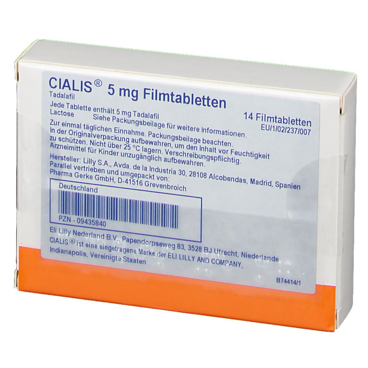 Schachtel mit CIALIS 5 mg Filmtabletten. Aufschrift: 14 Filmtabletten. Orangefarbener Streifen am unteren Rand.