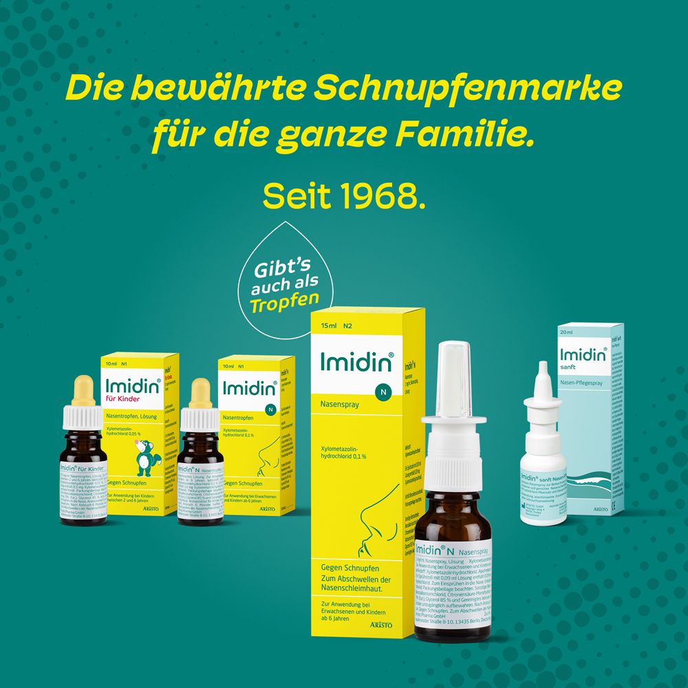 Verschiedene Imidin-Produkte. Text: Die bewährte Schnupfenmarke für die ganze Familie. Seit 1968.