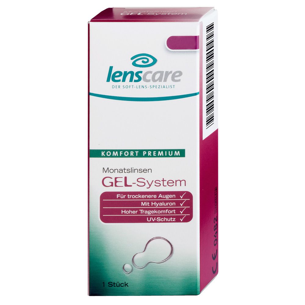 Verpackung von Lenscare GEL-System Monatslinsen. Aufschrift: Komfort Premium, GEL-System, für trockene Augen, mit Hyaluron, hoher Tragekomfort, UV-Schutz.