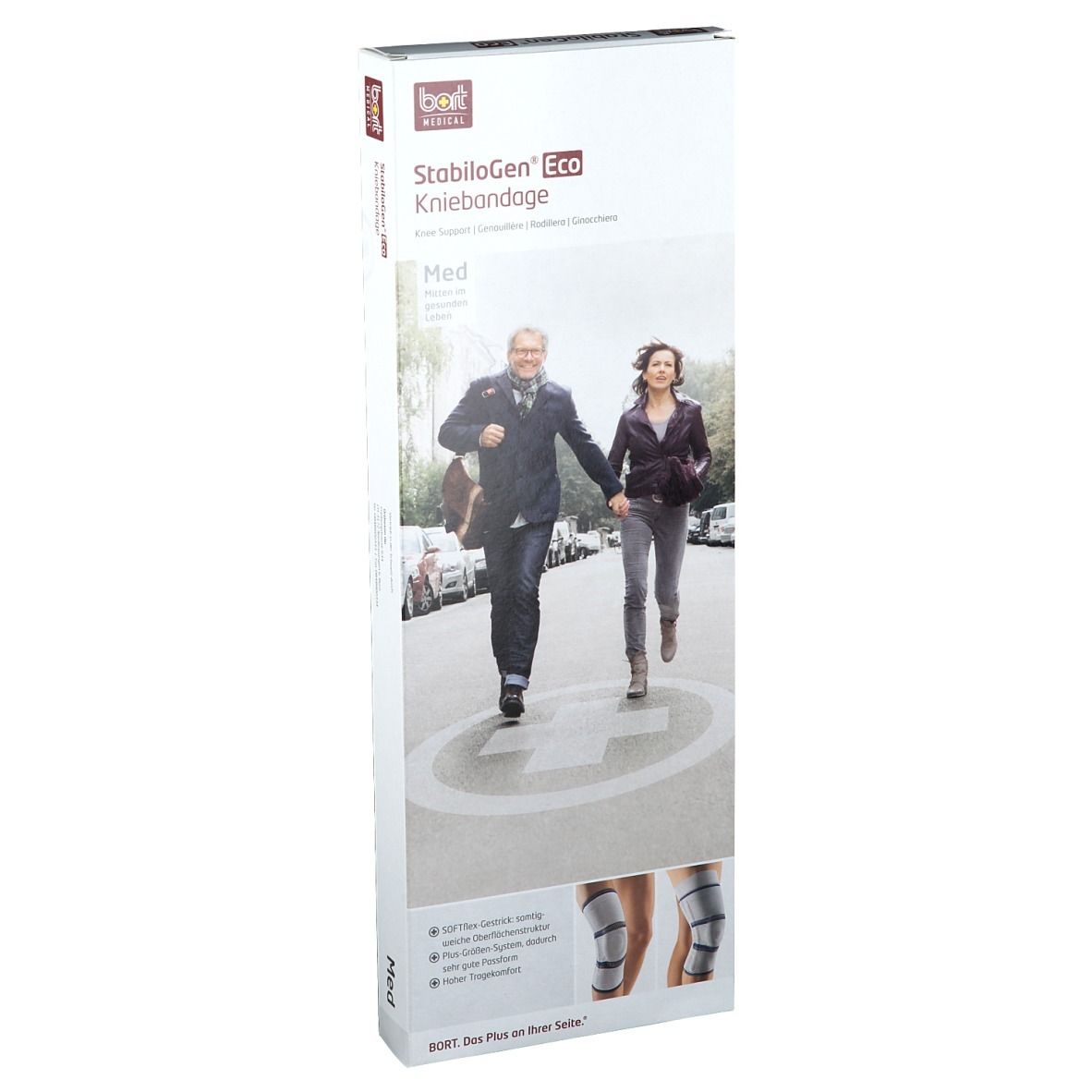 Verpackung der Kniebandage. Aufdruck: Produktname, Personen auf Straße, Produktabbildung, Größe.