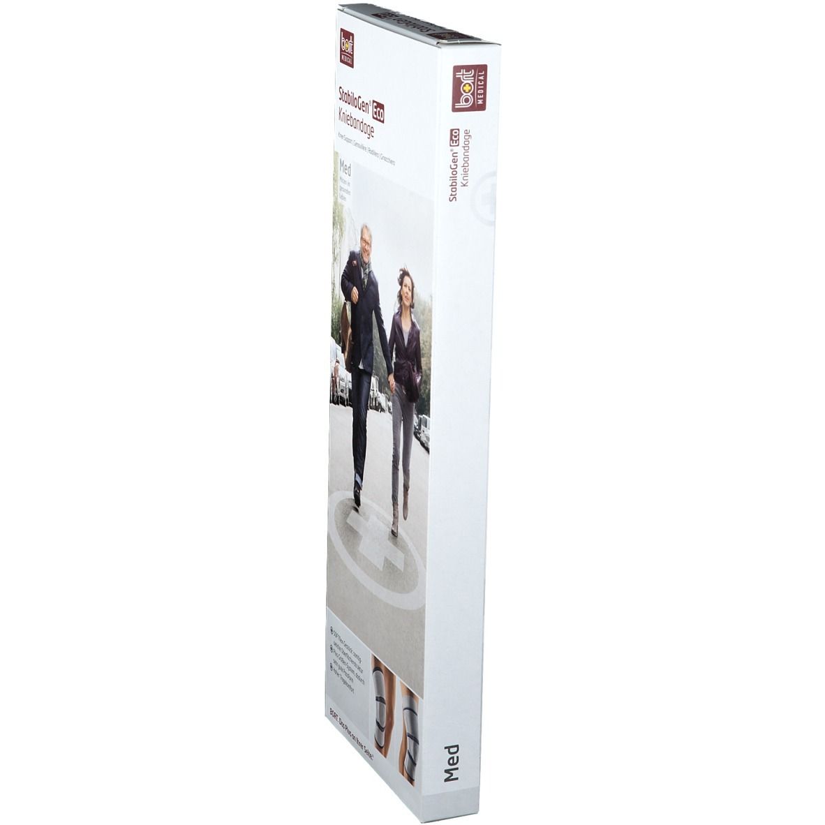 Kniebandagen-Verpackung, Seitenansicht. Aufdruck: Produktname, Personen auf Straße, Größe.