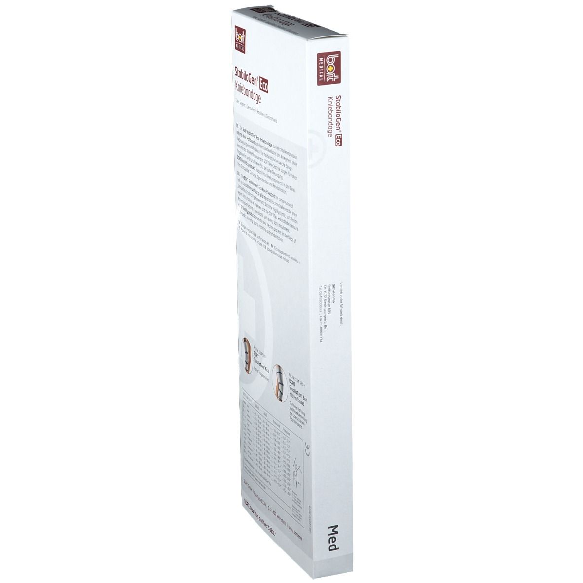 Kniebandagen-Verpackung, Seitenansicht. Aufdruck: Produktinformationen, Größenangaben, Produktabbildung.