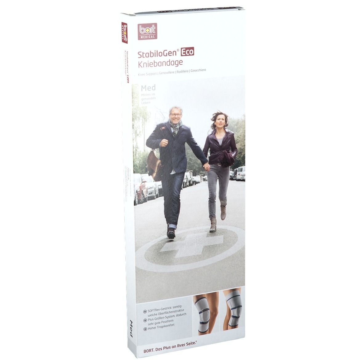 Verpackung der Kniebandage BORT StabiloGen® Eco. Aufdruck: Produktname, Logo, Abbildung von Personen und Kniebandage.