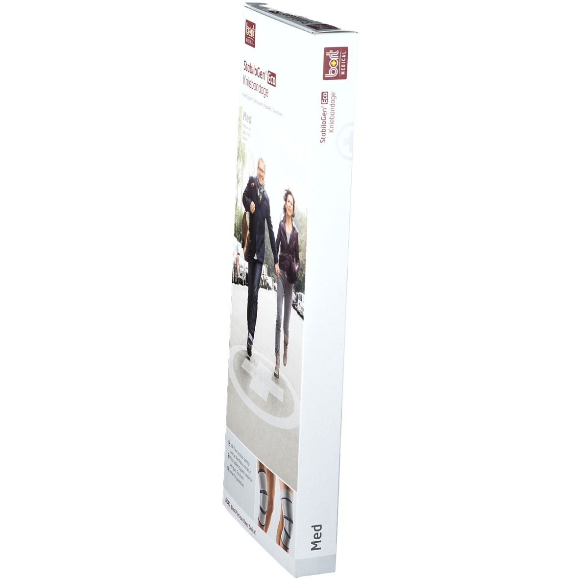 Schmale, längliche Verpackung der Kniebandage BORT StabiloGen® Eco. Aufdruck: Produktname, Logo, Abbildung von Personen und Kniebandage.